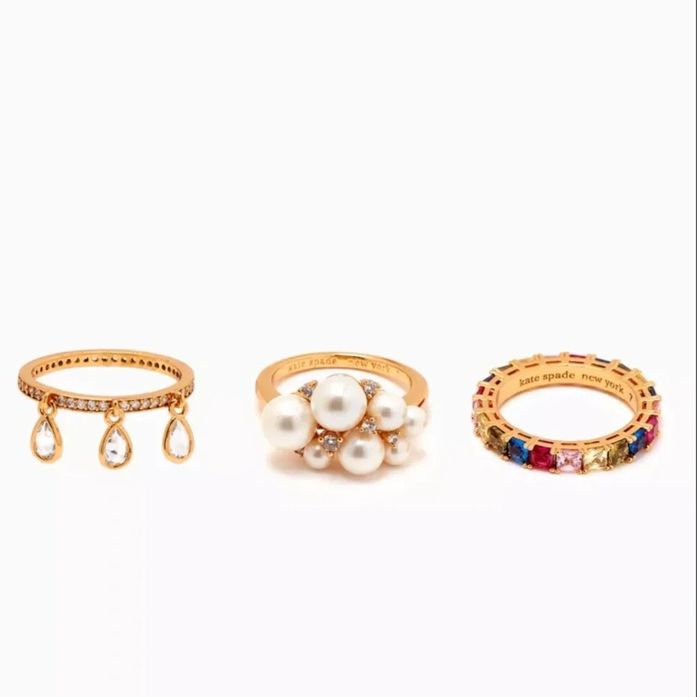 Kate Spade rain or shine stacking Goldtone Ring Set with Pearl & Crystals Size 7